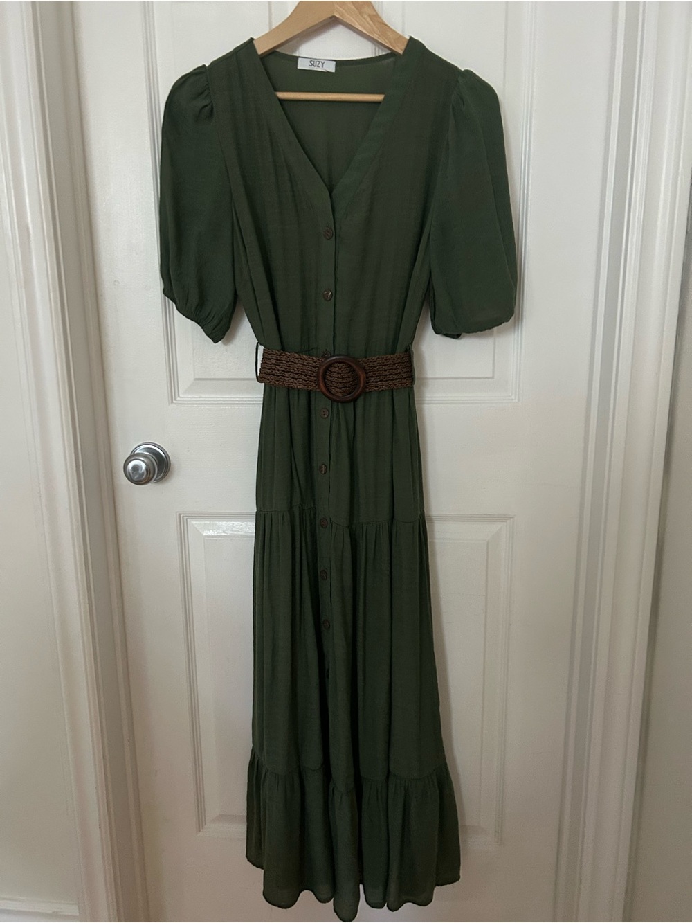 Olive Green Button-Front Maxi Dress with Woven Belt EUC